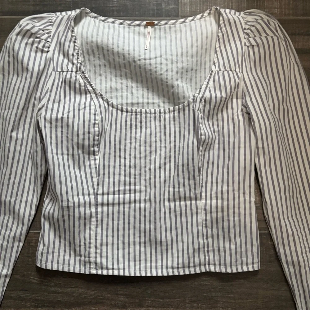 Free People Caroline Striped Long Puff Sleeve Blouse Top